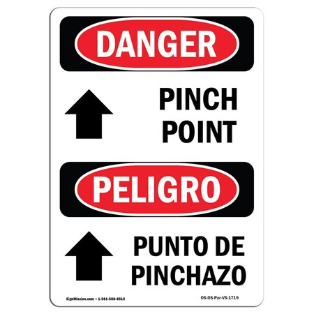 OSHA Danger Sign, Pinch Point Bilingual, 14in X 10in Rigid Plastic